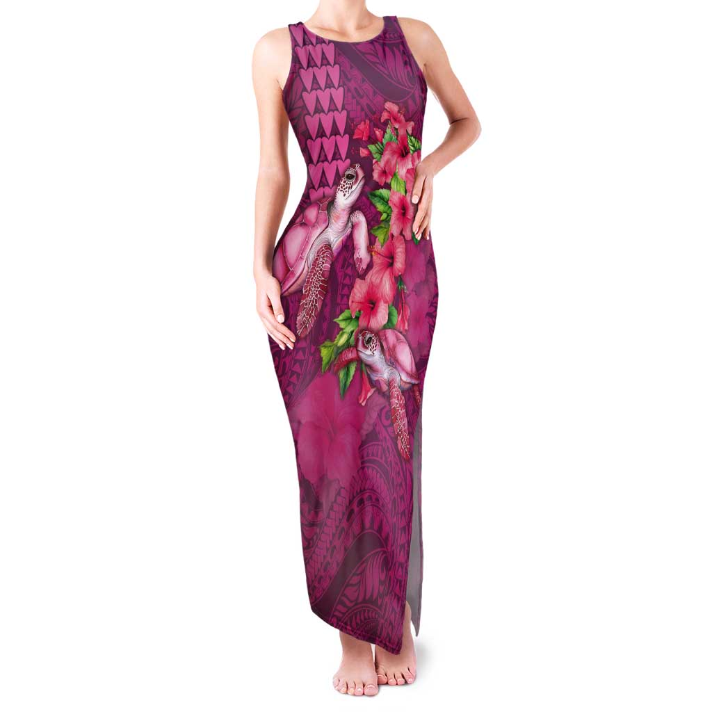 Hawaiian Turtle Love Couple Tank Maxi Dress - Sweet Hibiscus and Kakau Pattern Rose Color LT03 Women Pink - Polynesian Pride
