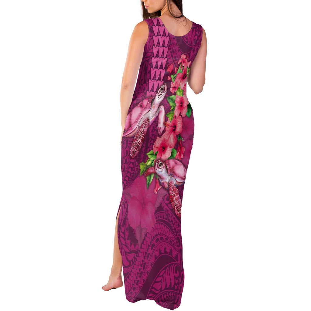 Hawaiian Turtle Love Couple Tank Maxi Dress - Sweet Hibiscus and Kakau Pattern Rose Color LT03 - Polynesian Pride
