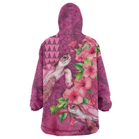 Hawaiian Turtle Love Couple Wearable Blanket Hoodie - Sweet Hibiscus and Kakau Pattern Rose Color LT03 - Polynesian Pride