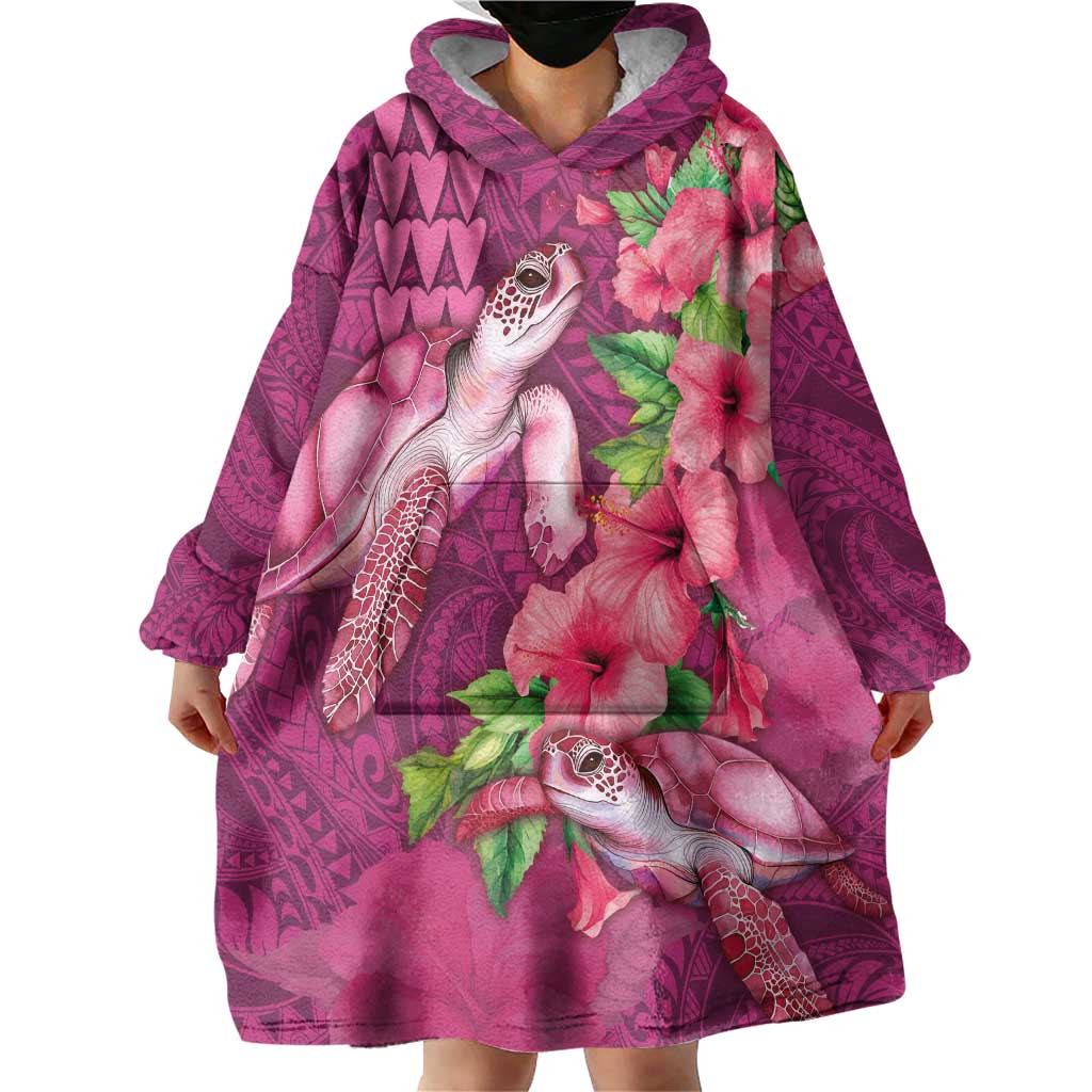 Hawaiian Turtle Love Couple Wearable Blanket Hoodie - Sweet Hibiscus and Kakau Pattern Rose Color LT03 - Polynesian Pride
