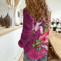 Hawaiian Turtle Love Couple Women Casual Shirt - Sweet Hibiscus and Kakau Pattern Rose Color LT03 - Polynesian Pride