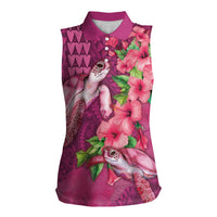 Hawaiian Turtle Love Couple Women Sleeveless Polo Shirt - Sweet Hibiscus and Kakau Pattern Rose Color LT03 Female Pink - Polynesian Pride