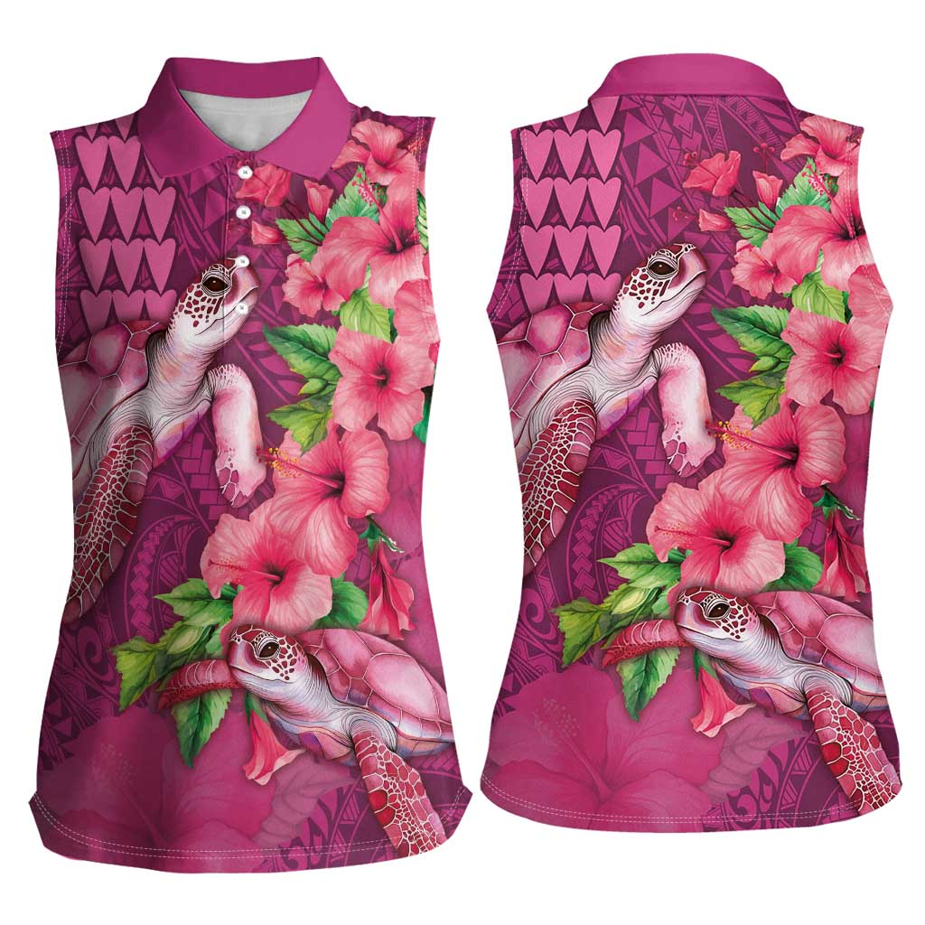Hawaiian Turtle Love Couple Women Sleeveless Polo Shirt - Sweet Hibiscus and Kakau Pattern Rose Color LT03 - Polynesian Pride