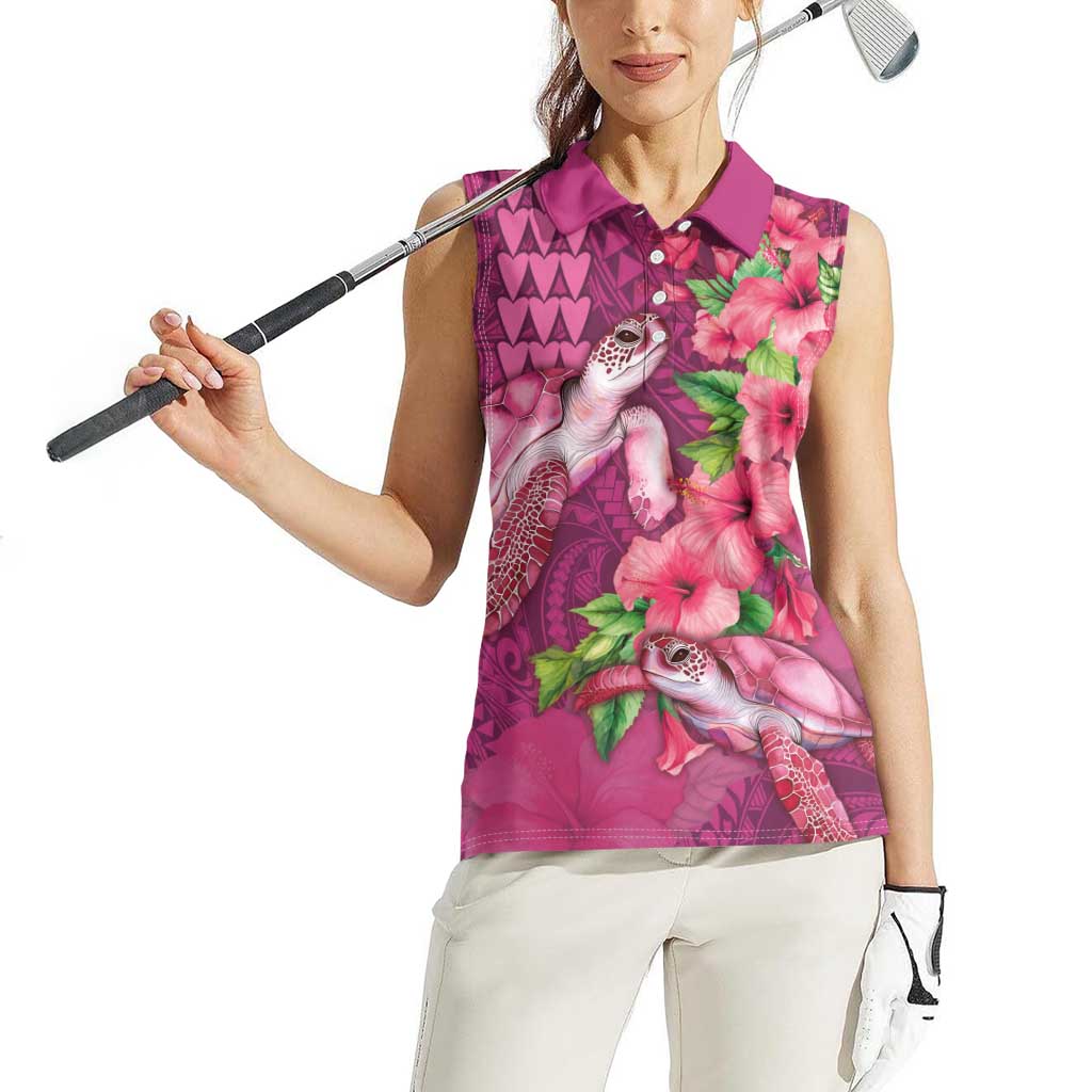 Hawaiian Turtle Love Couple Women Sleeveless Polo Shirt - Sweet Hibiscus and Kakau Pattern Rose Color LT03 - Polynesian Pride