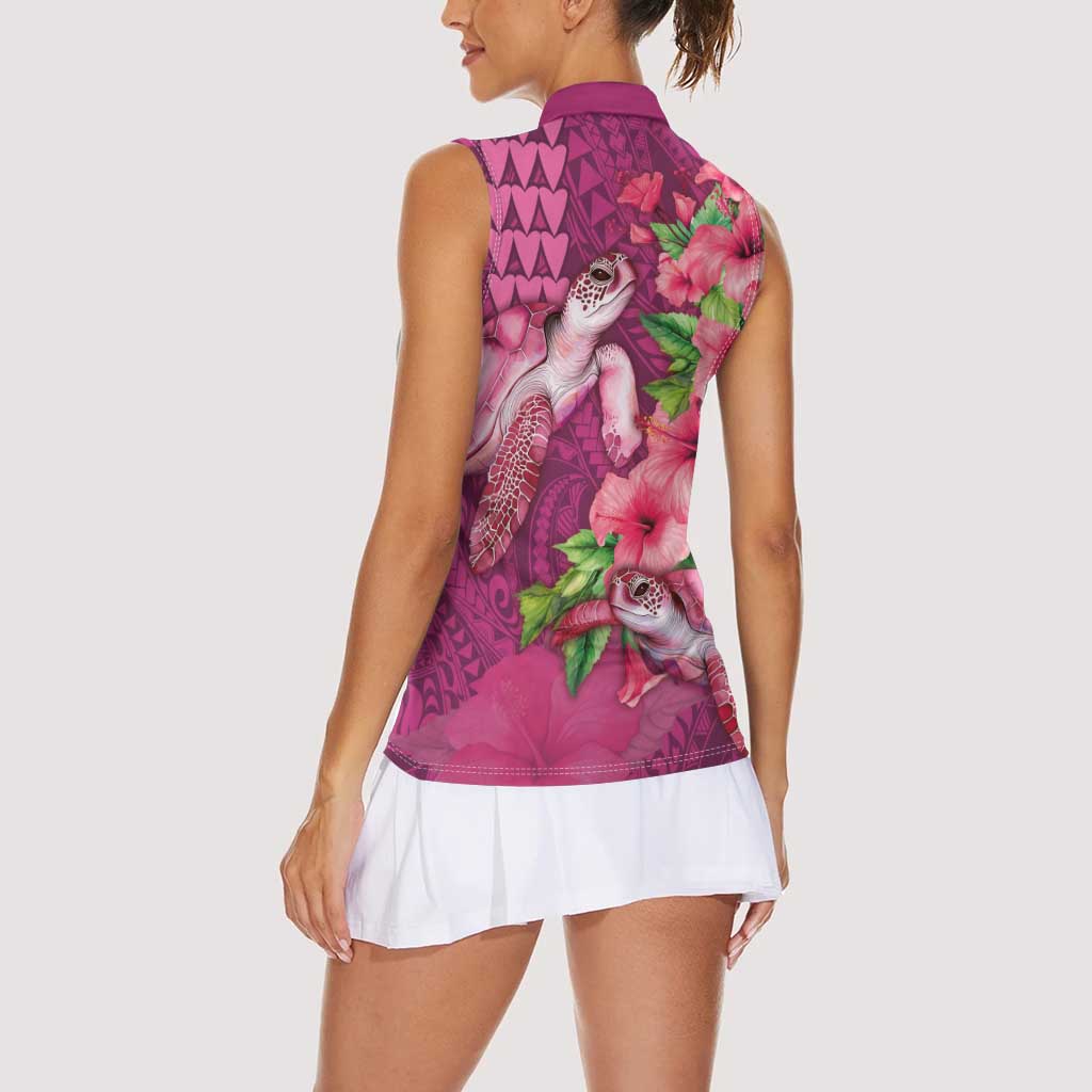 Hawaiian Turtle Love Couple Women Sleeveless Polo Shirt - Sweet Hibiscus and Kakau Pattern Rose Color LT03 - Polynesian Pride