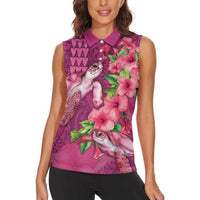 Hawaiian Turtle Love Couple Women Sleeveless Polo Shirt - Sweet Hibiscus and Kakau Pattern Rose Color LT03 - Polynesian Pride