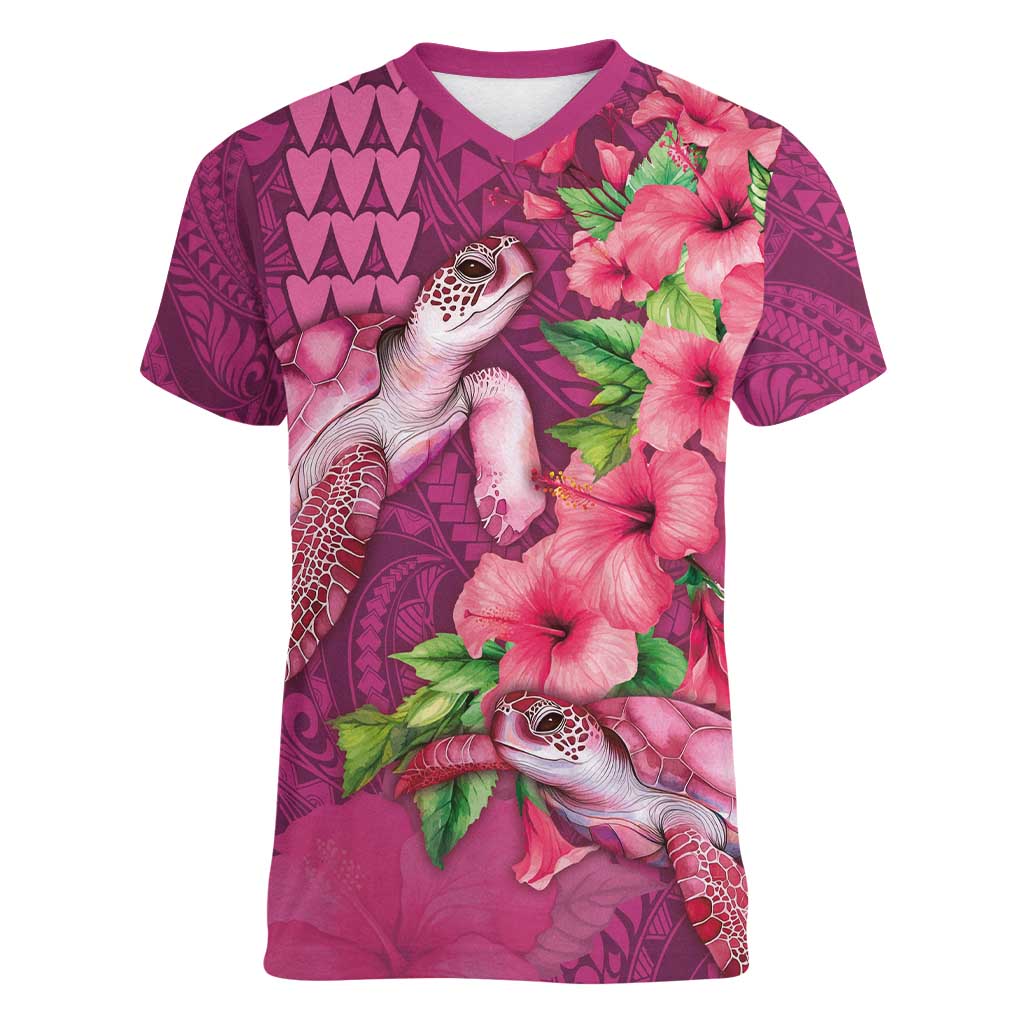Hawaiian Turtle Love Couple Women V-Neck T-Shirt - Sweet Hibiscus and Kakau Pattern Rose Color LT03 Female Pink - Polynesian Pride