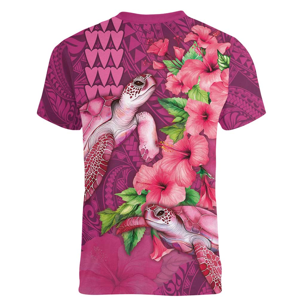 Hawaiian Turtle Love Couple Women V-Neck T-Shirt - Sweet Hibiscus and Kakau Pattern Rose Color LT03 - Polynesian Pride