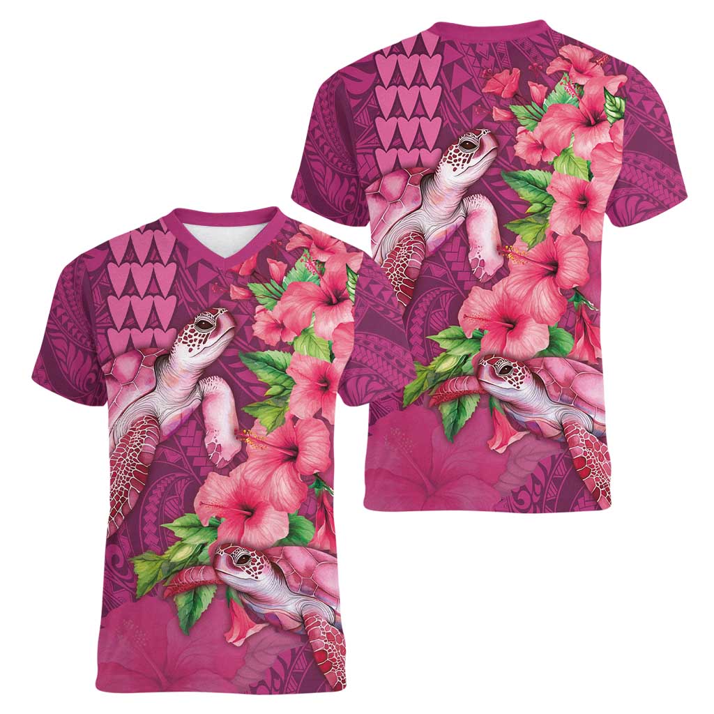 Hawaiian Turtle Love Couple Women V-Neck T-Shirt - Sweet Hibiscus and Kakau Pattern Rose Color LT03 - Polynesian Pride
