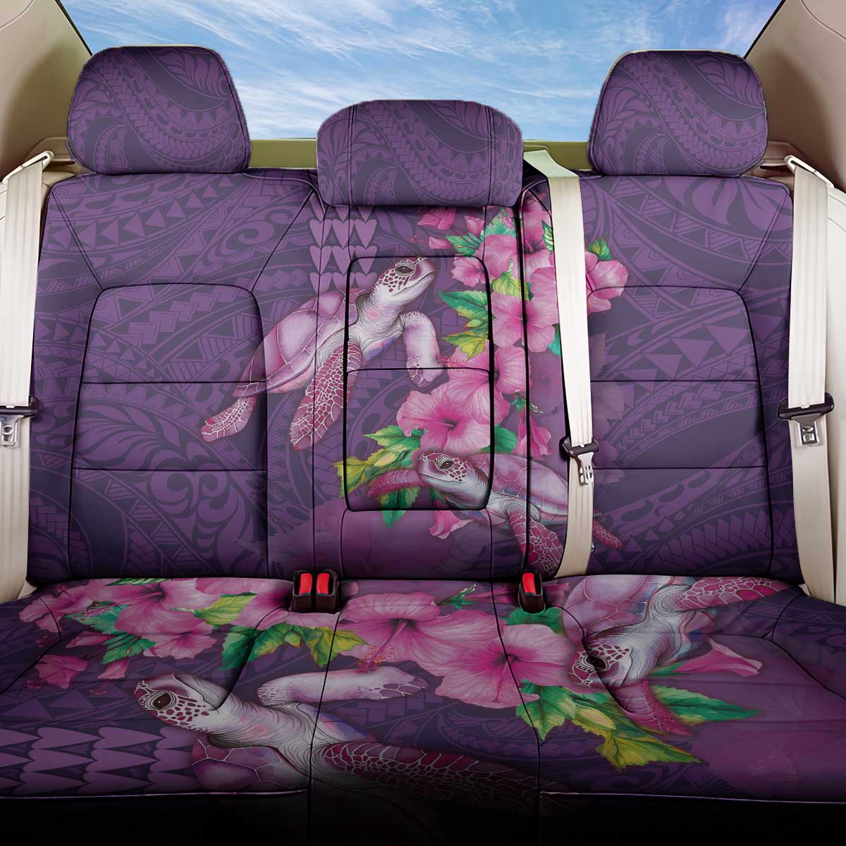 Hawaiian Turtle Love Couple Back Car Seat Cover - Sweet Hibiscus and Kakau Pattern Deep Purple Color LT03 One Size Purple - Polynesian Pride
