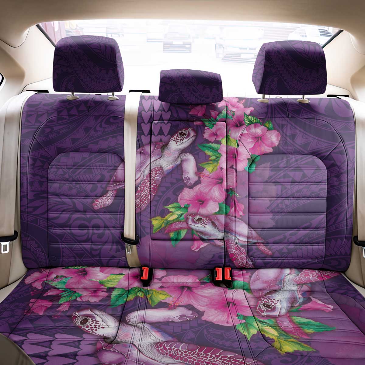 Hawaiian Turtle Love Couple Back Car Seat Cover - Sweet Hibiscus and Kakau Pattern Deep Purple Color LT03 - Polynesian Pride