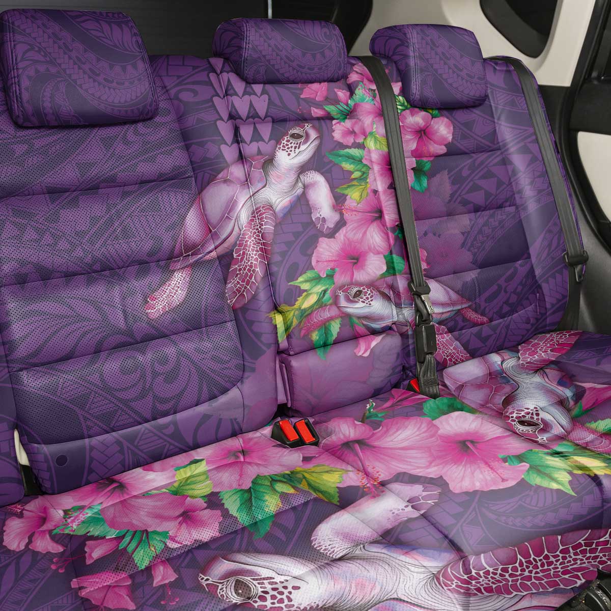 Hawaiian Turtle Love Couple Back Car Seat Cover - Sweet Hibiscus and Kakau Pattern Deep Purple Color LT03 - Polynesian Pride