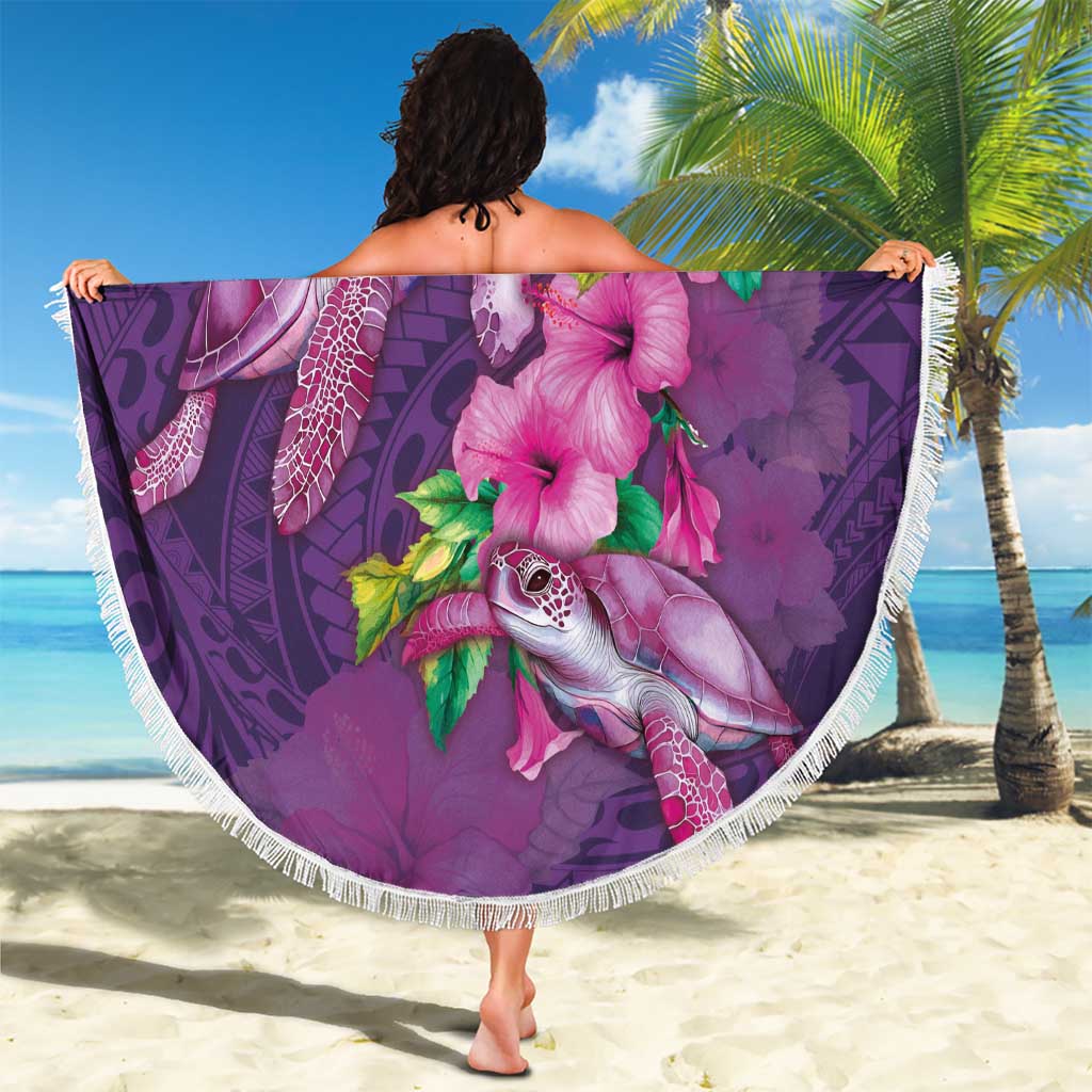 Hawaiian Turtle Love Couple Beach Blanket - Sweet Hibiscus and Kakau Pattern Deep Purple Color
