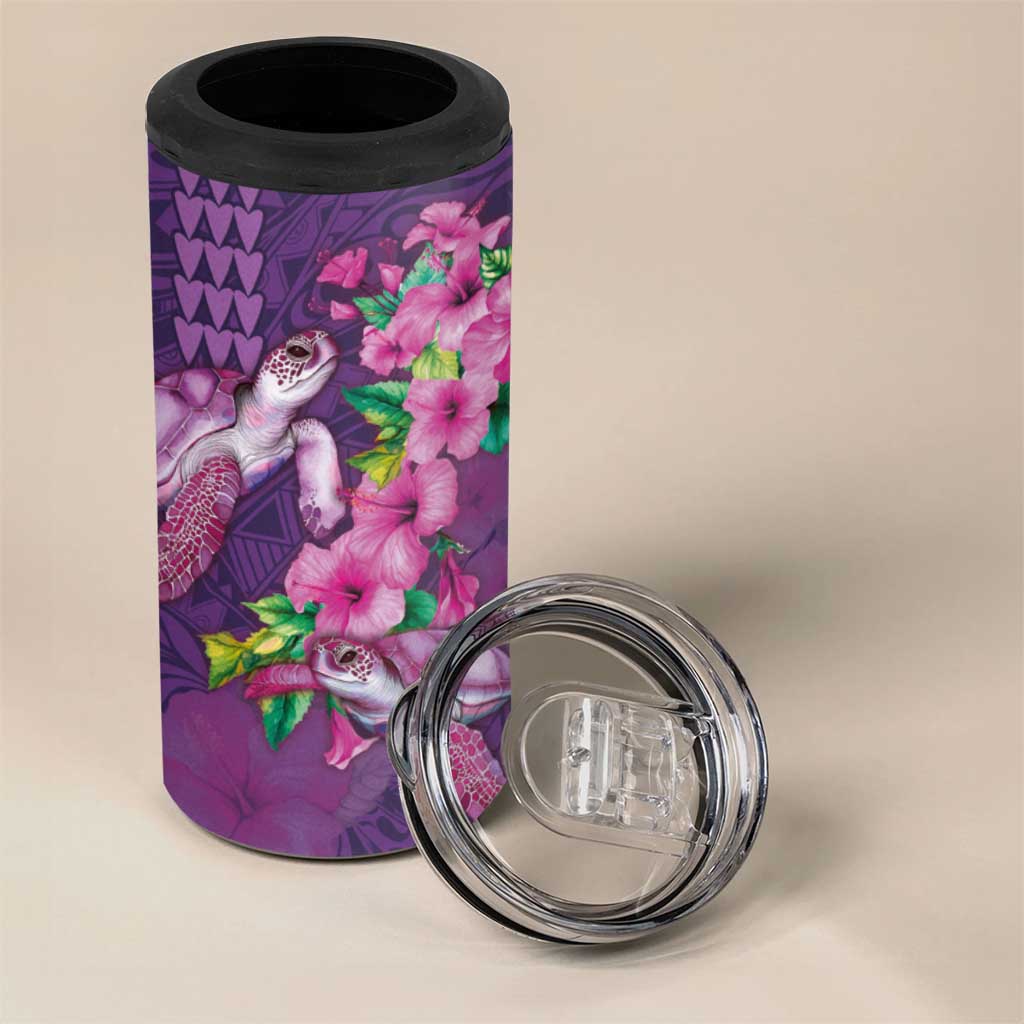 Hawaiian Turtle Love Couple 4 in 1 Can Cooler Tumbler Sweet Hibiscus and Kakau Pattern Deep Purple Color LT03 - Polynesian Pride