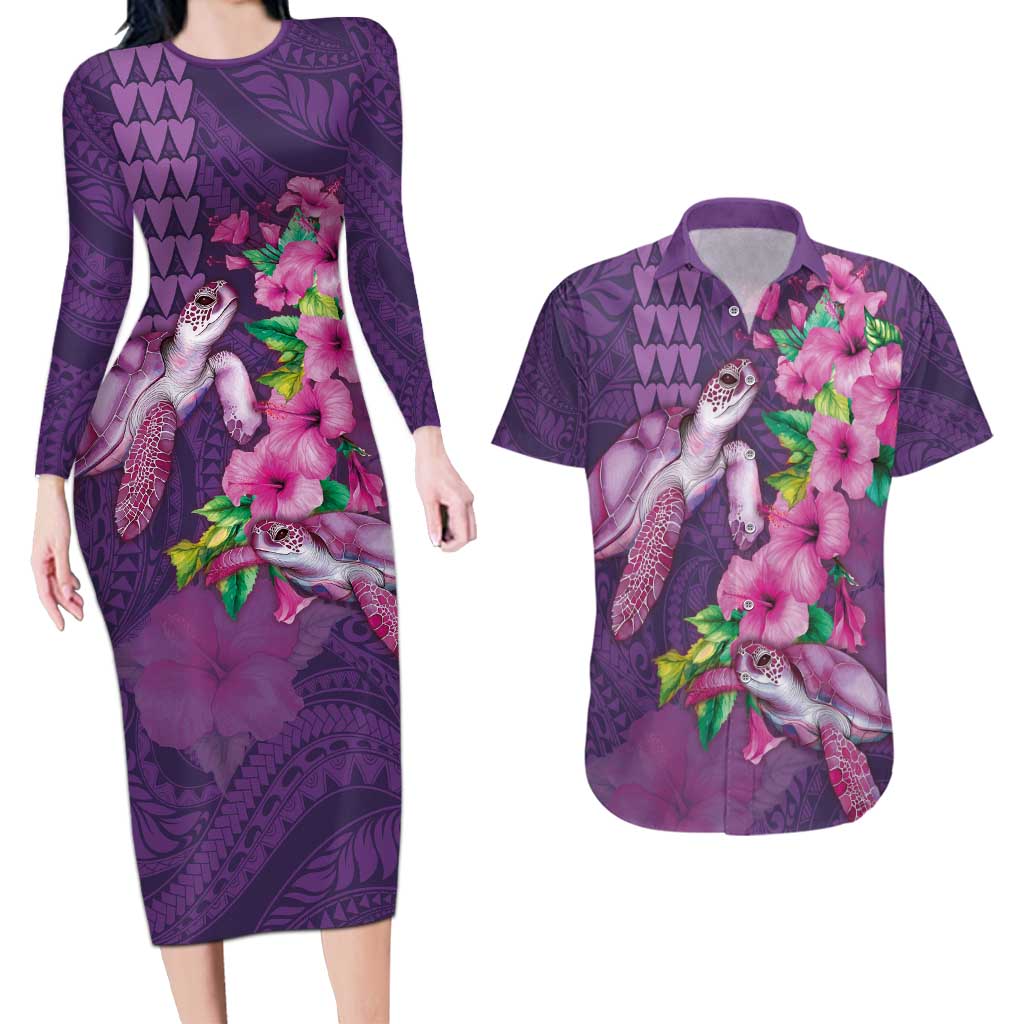 Hawaiian Turtle Love Couple Couples Matching Long Sleeve Bodycon Dress and Hawaiian Shirt - Sweet Hibiscus and Kakau Pattern Deep Purple Color LT03 Purple - Polynesian Pride