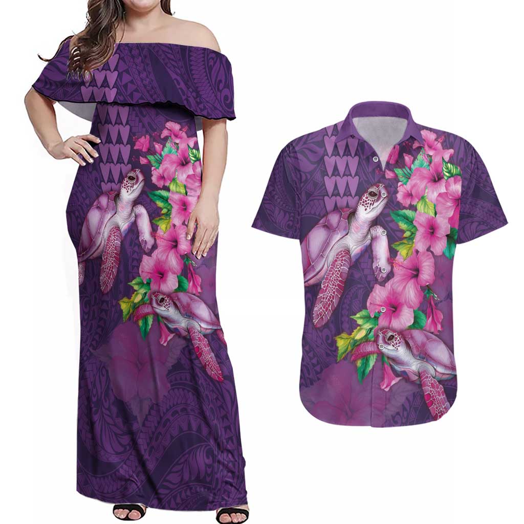 Hawaiian Turtle Love Couple Couples Matching Off Shoulder Maxi Dress and Hawaiian Shirt - Sweet Hibiscus and Kakau Pattern Deep Purple Color LT03 Purple - Polynesian Pride