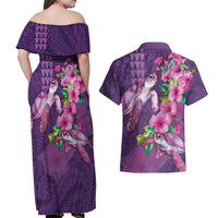 Hawaiian Turtle Love Couple Couples Matching Off Shoulder Maxi Dress and Hawaiian Shirt - Sweet Hibiscus and Kakau Pattern Deep Purple Color LT03 - Polynesian Pride