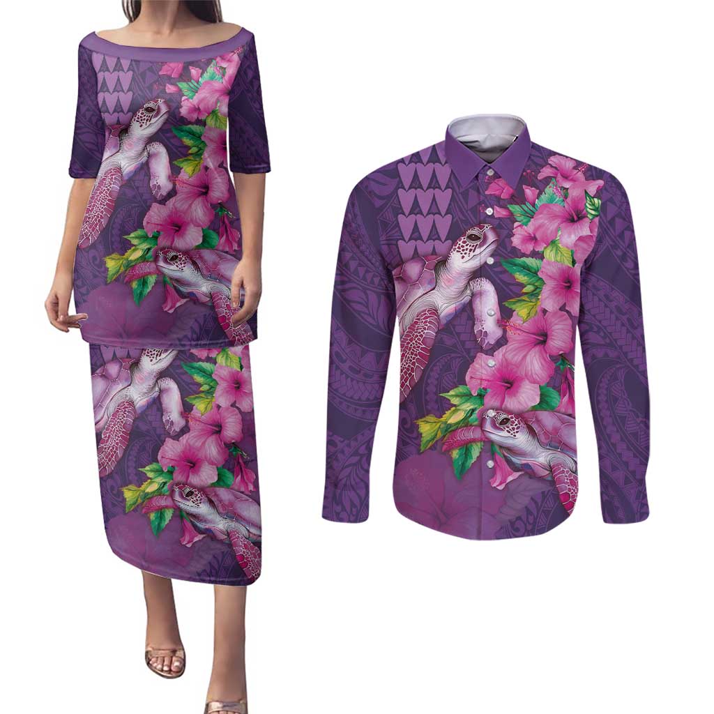 Hawaiian Turtle Love Couple Couples Matching Puletasi and Long Sleeve Button Shirt - Sweet Hibiscus and Kakau Pattern Deep Purple Color LT03 Purple - Polynesian Pride