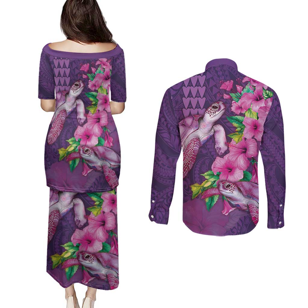 Hawaiian Turtle Love Couple Couples Matching Puletasi and Long Sleeve Button Shirt - Sweet Hibiscus and Kakau Pattern Deep Purple Color LT03 - Polynesian Pride