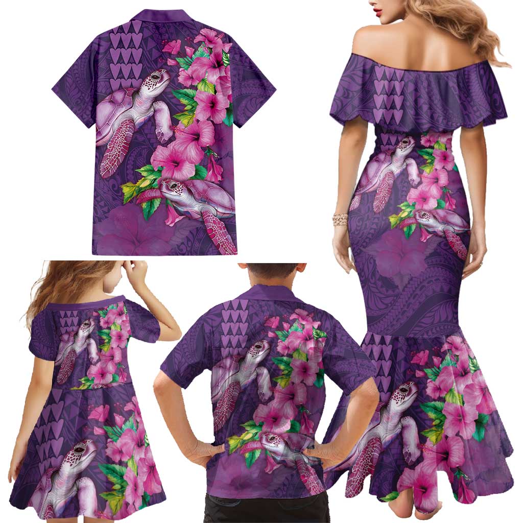 Hawaiian Turtle Love Couple Family Matching Mermaid Dress and Hawaiian Shirt - Sweet Hibiscus and Kakau Pattern Deep Purple Color LT03 - Polynesian Pride