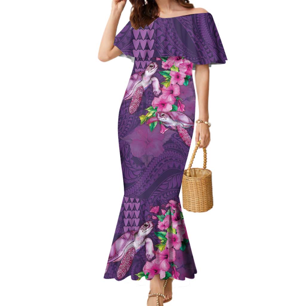 Hawaiian Turtle Love Couple Family Matching Mermaid Dress and Hawaiian Shirt - Sweet Hibiscus and Kakau Pattern Deep Purple Color LT03 Mom's Dress Purple - Polynesian Pride
