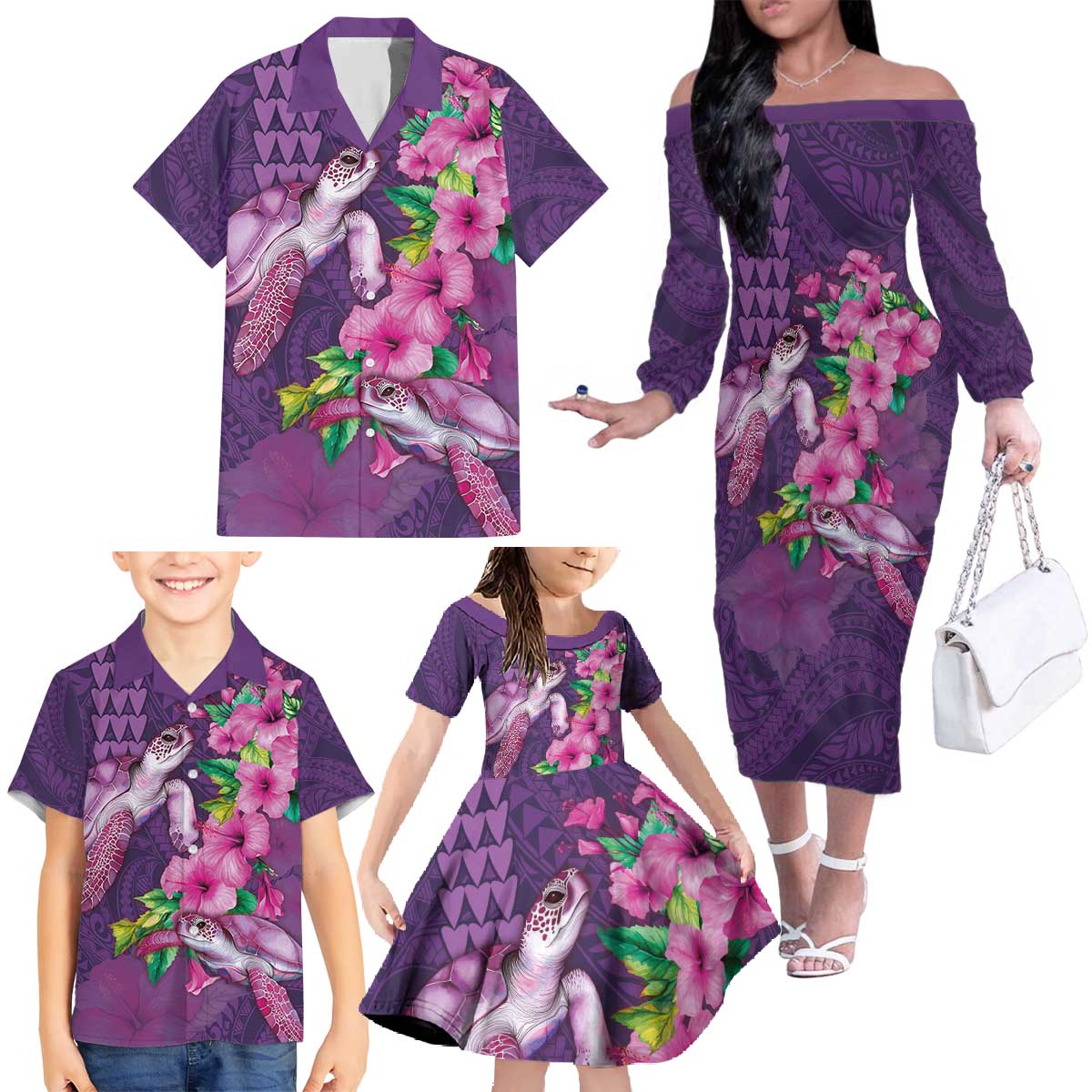 Hawaiian Turtle Love Couple Family Matching Off The Shoulder Long Sleeve Dress and Hawaiian Shirt - Sweet Hibiscus and Kakau Pattern Deep Purple Color LT03 - Polynesian Pride