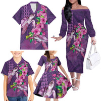 Hawaiian Turtle Love Couple Family Matching Off The Shoulder Long Sleeve Dress and Hawaiian Shirt - Sweet Hibiscus and Kakau Pattern Deep Purple Color LT03 - Polynesian Pride