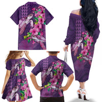 Hawaiian Turtle Love Couple Family Matching Off The Shoulder Long Sleeve Dress and Hawaiian Shirt - Sweet Hibiscus and Kakau Pattern Deep Purple Color LT03 - Polynesian Pride