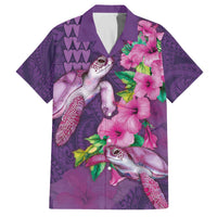 Hawaiian Turtle Love Couple Family Matching Off The Shoulder Long Sleeve Dress and Hawaiian Shirt - Sweet Hibiscus and Kakau Pattern Deep Purple Color LT03 Dad's Shirt - Short Sleeve Purple - Polynesian Pride