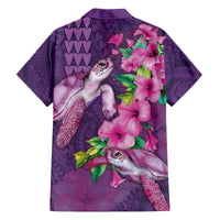 Hawaiian Turtle Love Couple Family Matching Off The Shoulder Long Sleeve Dress and Hawaiian Shirt - Sweet Hibiscus and Kakau Pattern Deep Purple Color LT03 - Polynesian Pride