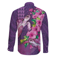 Hawaiian Turtle Love Couple Family Matching Off The Shoulder Long Sleeve Dress and Hawaiian Shirt - Sweet Hibiscus and Kakau Pattern Deep Purple Color LT03 - Polynesian Pride