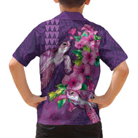 Hawaiian Turtle Love Couple Family Matching Off Shoulder Maxi Dress and Hawaiian Shirt - Sweet Hibiscus and Kakau Pattern Deep Purple Color LT03 - Polynesian Pride