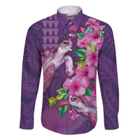 Hawaiian Turtle Love Couple Family Matching Off Shoulder Maxi Dress and Hawaiian Shirt - Sweet Hibiscus and Kakau Pattern Deep Purple Color LT03 Dad's Shirt - Long Sleeve Purple - Polynesian Pride