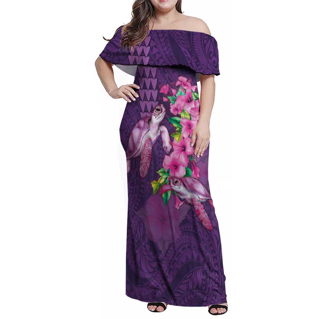 Hawaiian Turtle Love Couple Family Matching Off Shoulder Maxi Dress and Hawaiian Shirt - Sweet Hibiscus and Kakau Pattern Deep Purple Color LT03 Mom's Dress Purple - Polynesian Pride