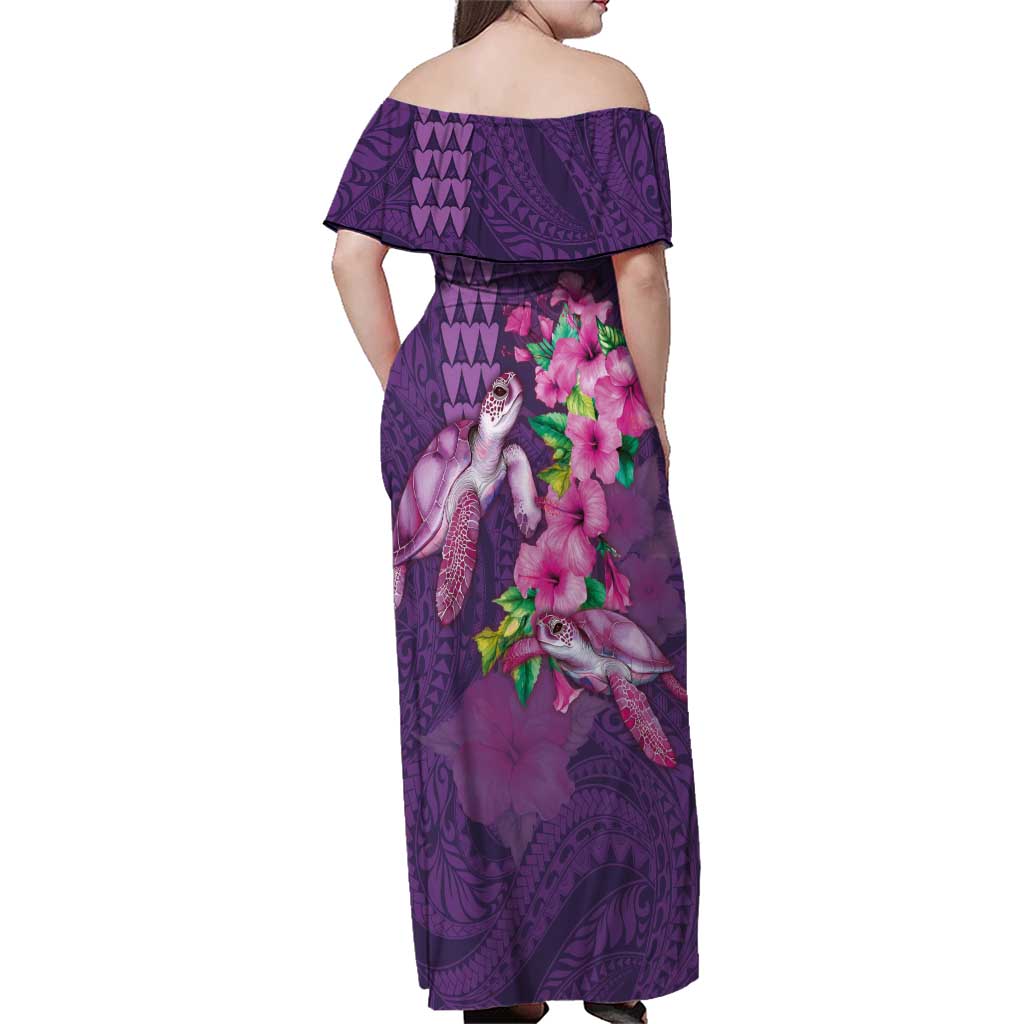 Hawaiian Turtle Love Couple Family Matching Off Shoulder Maxi Dress and Hawaiian Shirt - Sweet Hibiscus and Kakau Pattern Deep Purple Color LT03 - Polynesian Pride