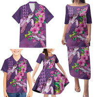Hawaiian Turtle Love Couple Family Matching Puletasi and Hawaiian Shirt - Sweet Hibiscus and Kakau Pattern Deep Purple Color LT03 - Polynesian Pride