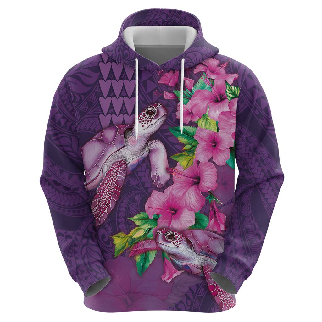 Hawaiian Turtle Love Couple Hoodie - Sweet Hibiscus and Kakau Pattern Deep Purple Color LT03 - Polynesian Pride