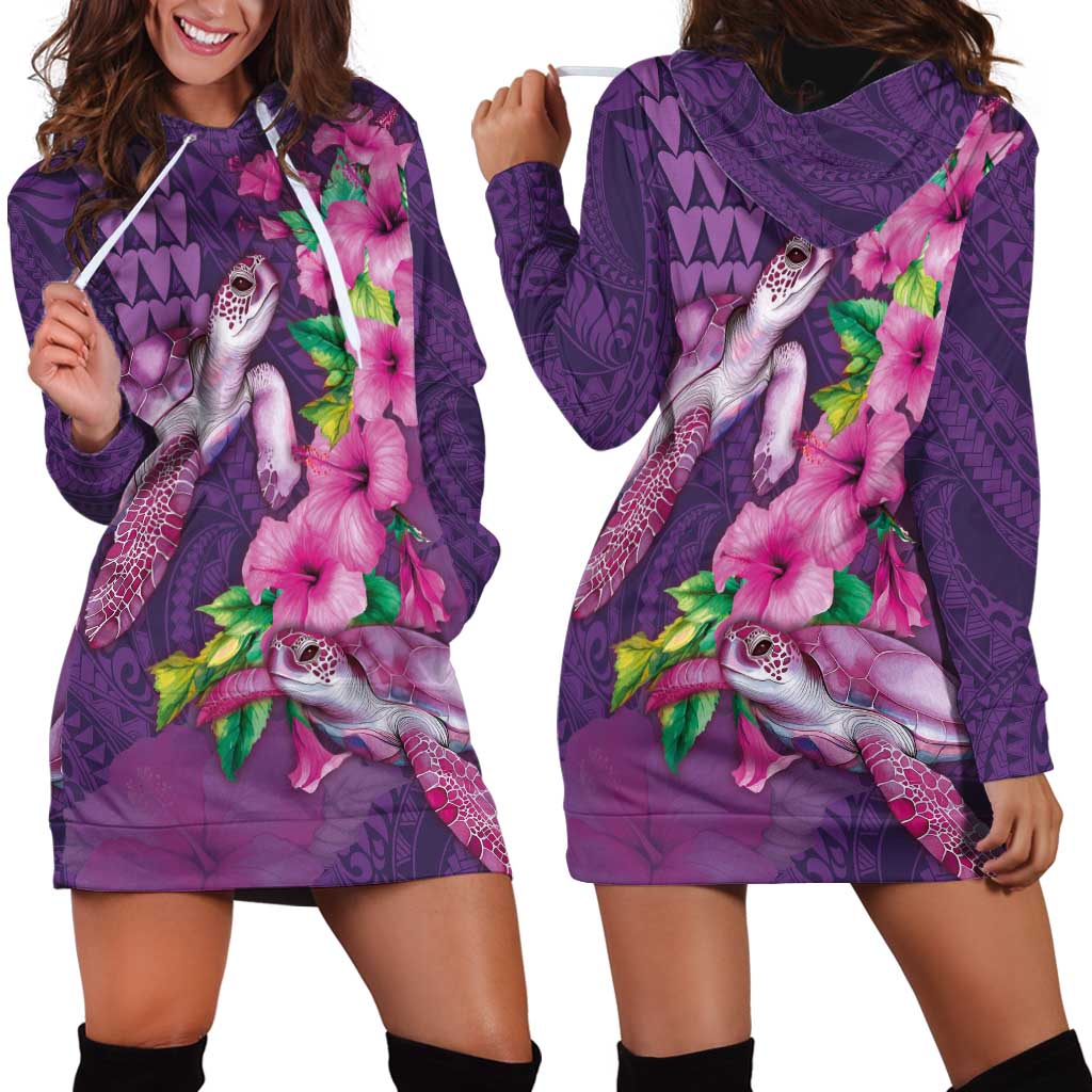 Hawaiian Turtle Love Couple Hoodie Dress - Sweet Hibiscus and Kakau Pattern Deep Purple Color LT03 - Polynesian Pride
