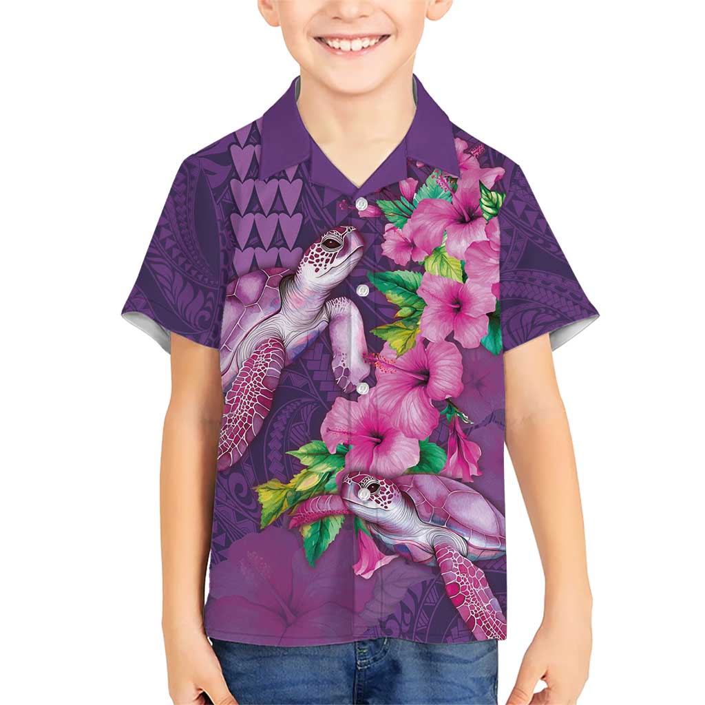Hawaiian Turtle Love Couple Kid Hawaiian Shirt - Sweet Hibiscus and Kakau Pattern Deep Purple Color LT03 Kid Purple - Polynesian Pride
