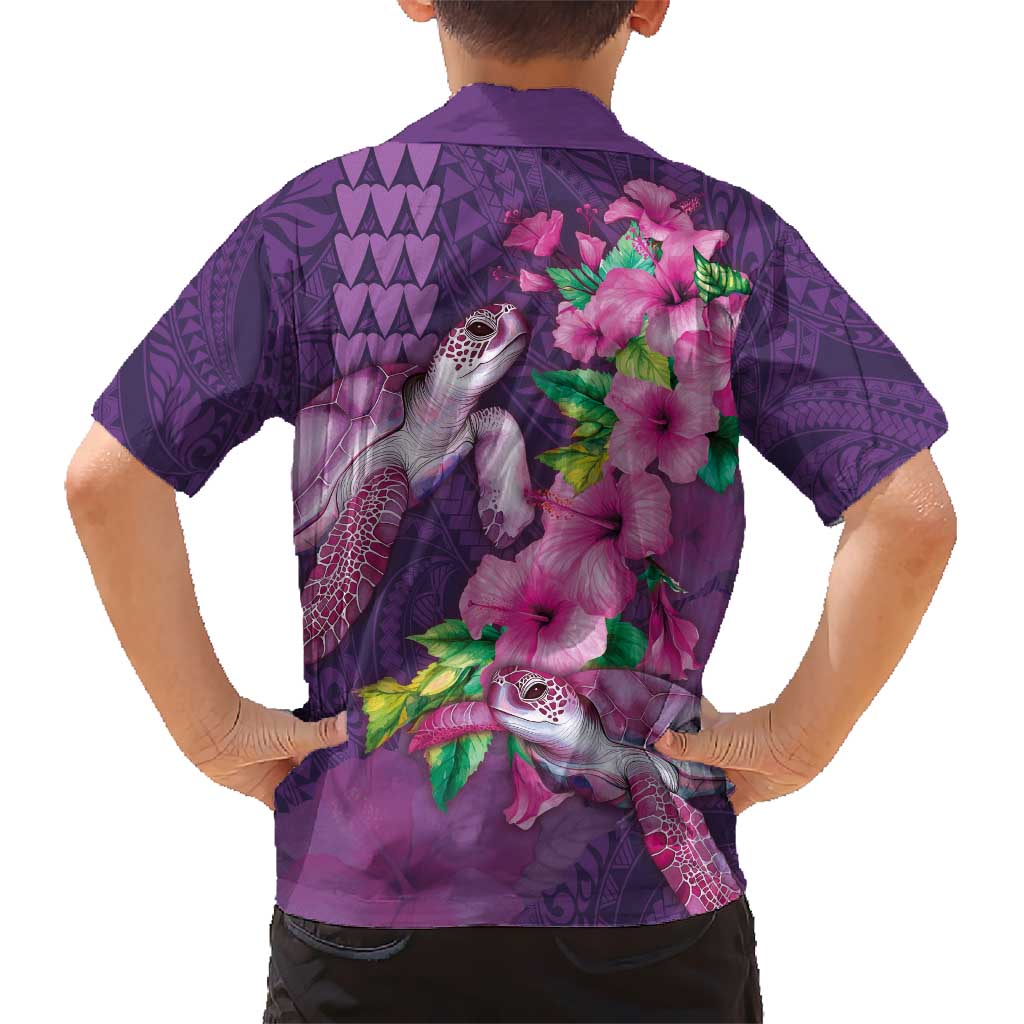 Hawaiian Turtle Love Couple Kid Hawaiian Shirt - Sweet Hibiscus and Kakau Pattern Deep Purple Color LT03 - Polynesian Pride