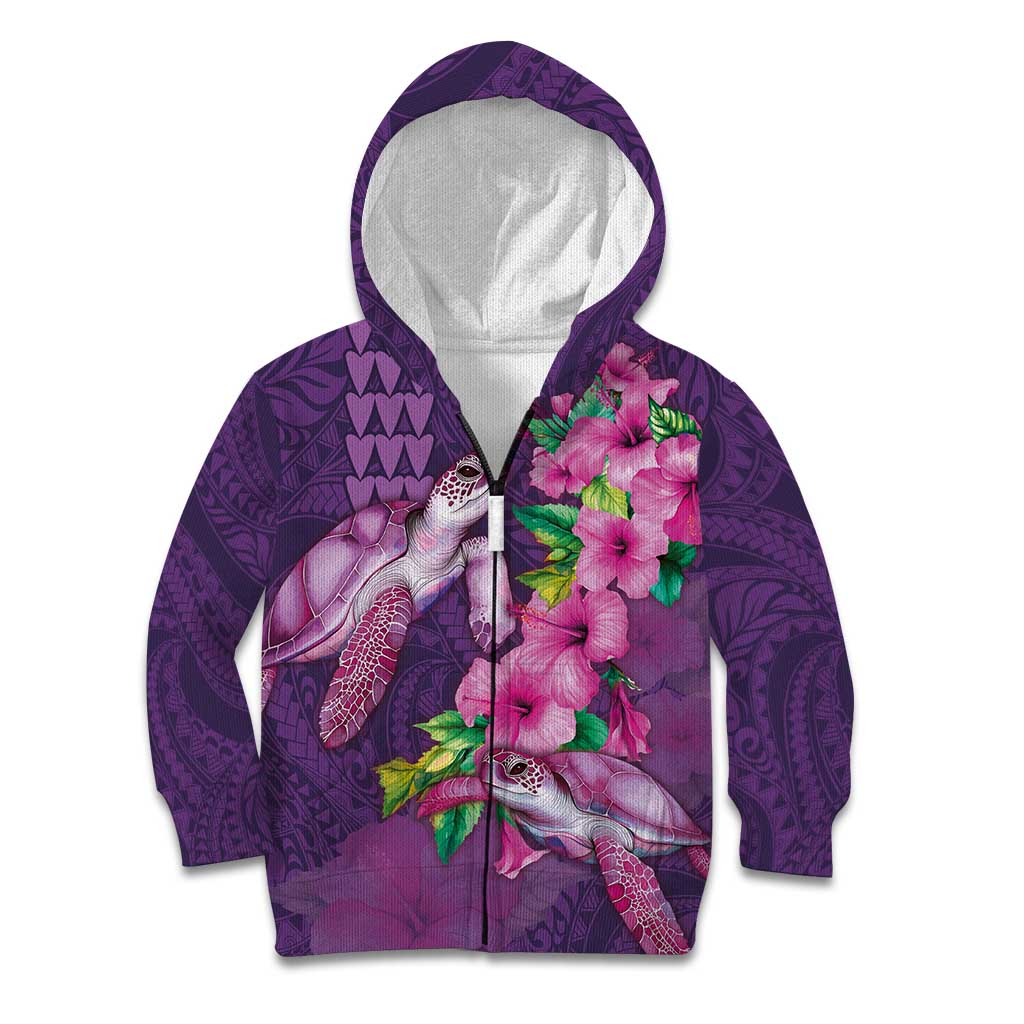 Hawaiian Turtle Love Couple Kid Hoodie - Sweet Hibiscus and Kakau Pattern Deep Purple Color LT03 Zip Hoodie Purple - Polynesian Pride