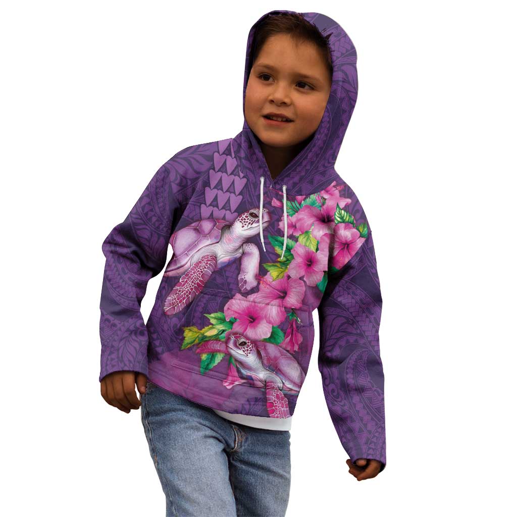 Hawaiian Turtle Love Couple Kid Hoodie - Sweet Hibiscus and Kakau Pattern Deep Purple Color LT03 - Polynesian Pride