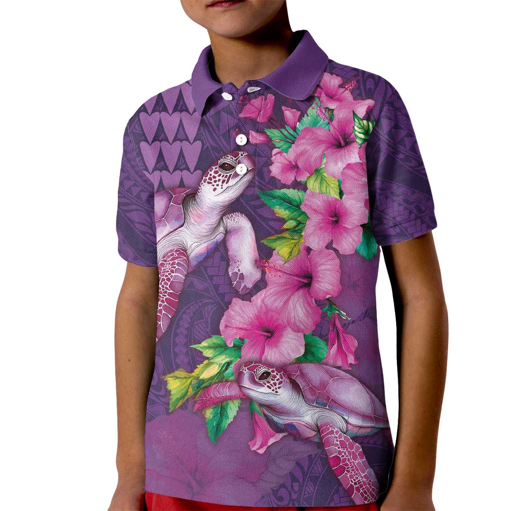 Hawaiian Turtle Love Couple Kid Polo Shirt - Sweet Hibiscus and Kakau Pattern Deep Purple Color LT03 Kid Purple - Polynesian Pride