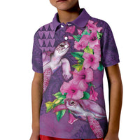 Hawaiian Turtle Love Couple Kid Polo Shirt - Sweet Hibiscus and Kakau Pattern Deep Purple Color LT03 Kid Purple - Polynesian Pride