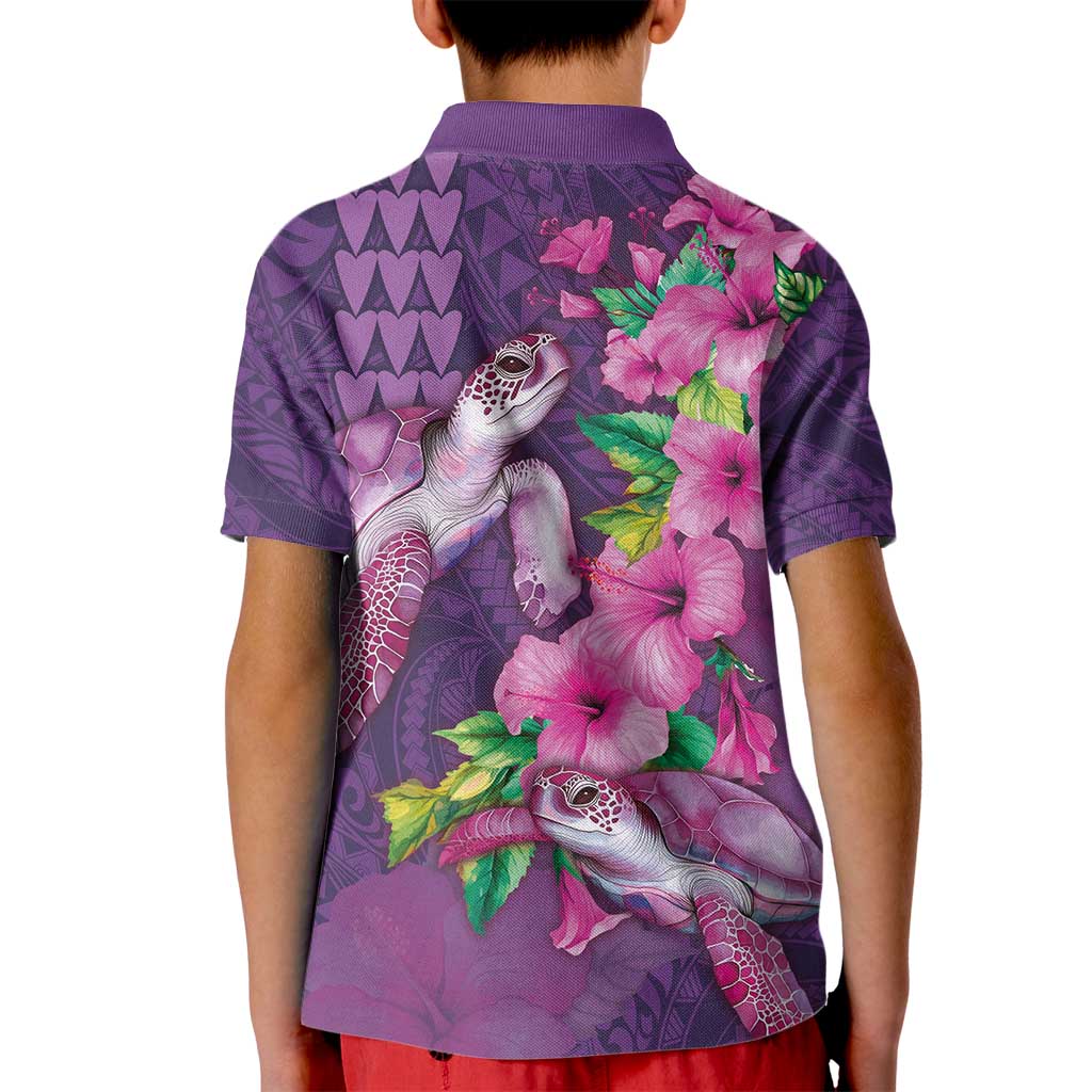 Hawaiian Turtle Love Couple Kid Polo Shirt - Sweet Hibiscus and Kakau Pattern Deep Purple Color LT03 - Polynesian Pride
