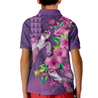 Hawaiian Turtle Love Couple Kid Polo Shirt - Sweet Hibiscus and Kakau Pattern Deep Purple Color LT03 - Polynesian Pride