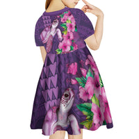 Hawaiian Turtle Love Couple Kid Short Sleeve Dress - Sweet Hibiscus and Kakau Pattern Deep Purple Color LT03 - Polynesian Pride