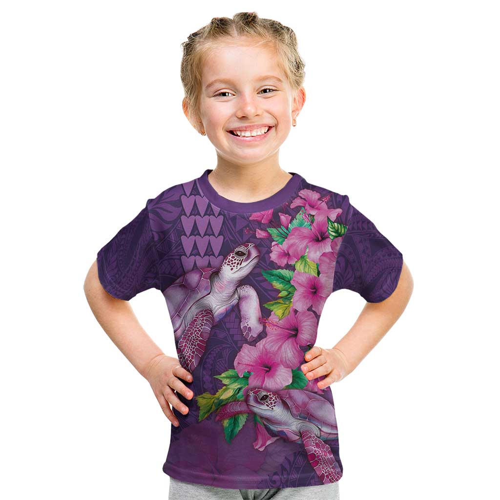 Hawaiian Turtle Love Couple Kid T Shirt - Sweet Hibiscus and Kakau Pattern Deep Purple Color LT03 Purple - Polynesian Pride