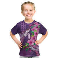 Hawaiian Turtle Love Couple Kid T Shirt - Sweet Hibiscus and Kakau Pattern Deep Purple Color LT03 Purple - Polynesian Pride