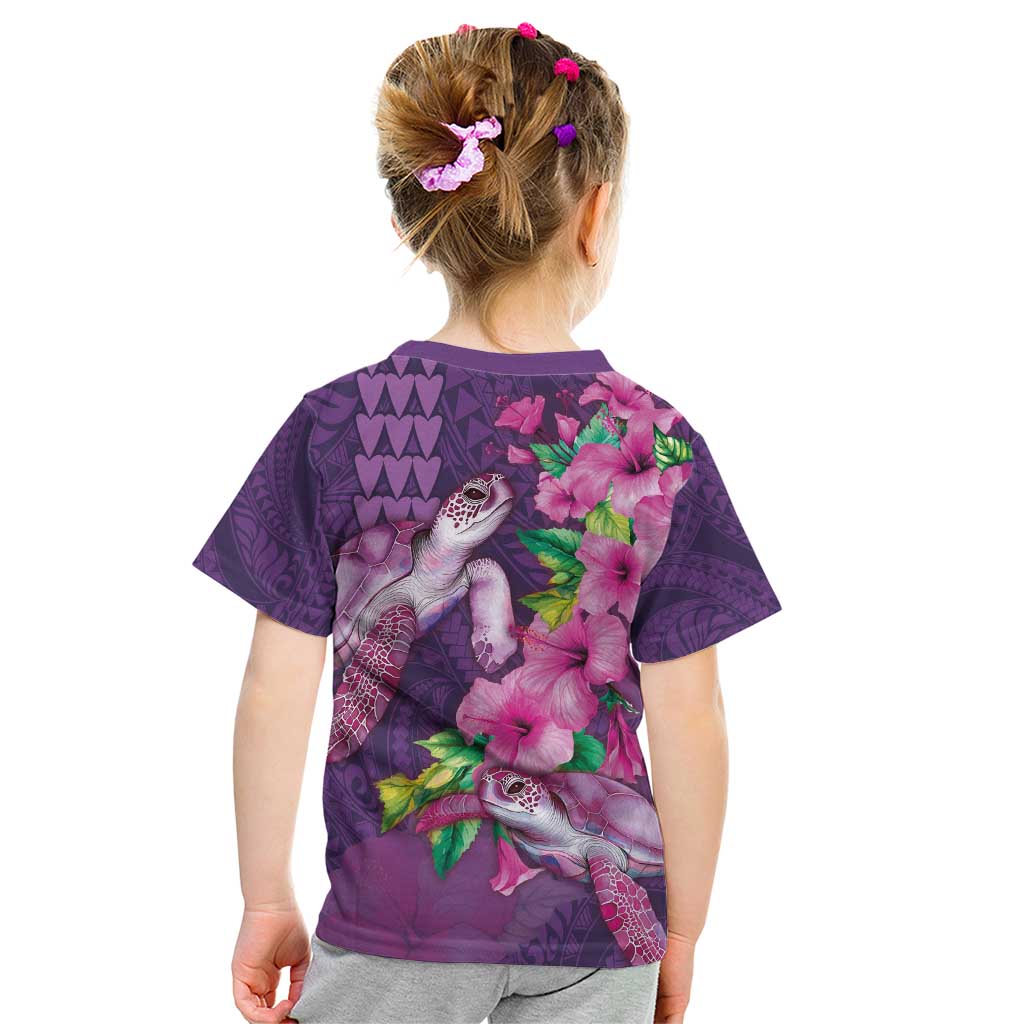 Hawaiian Turtle Love Couple Kid T Shirt - Sweet Hibiscus and Kakau Pattern Deep Purple Color LT03 - Polynesian Pride